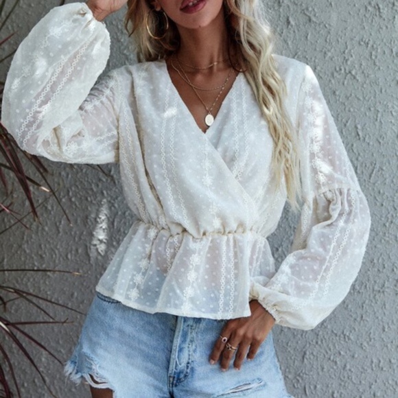 Bohemian Cream Polka Dot Floral Surplice Peplum Blouse - Picture 3 of 5